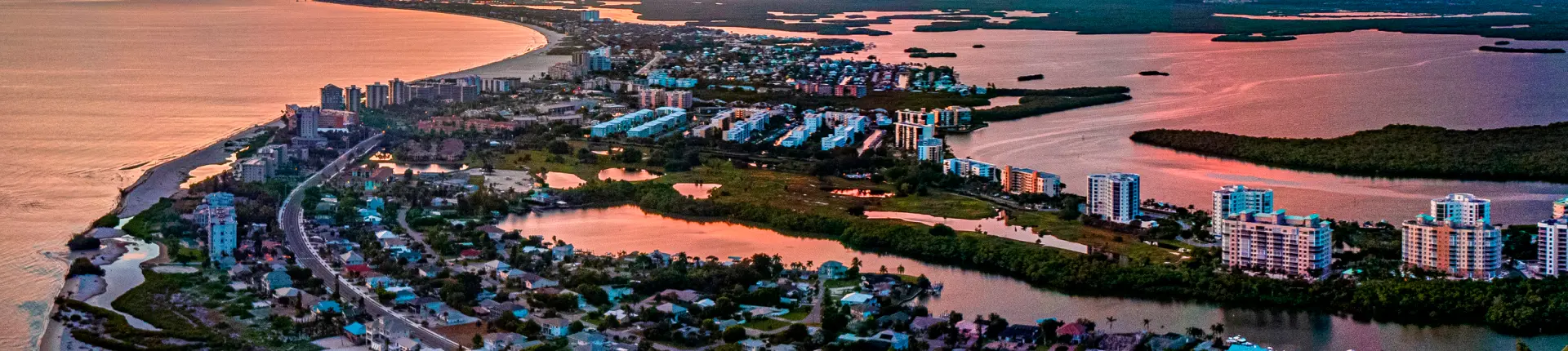 Fort Myers aerial view of the coast at sunset